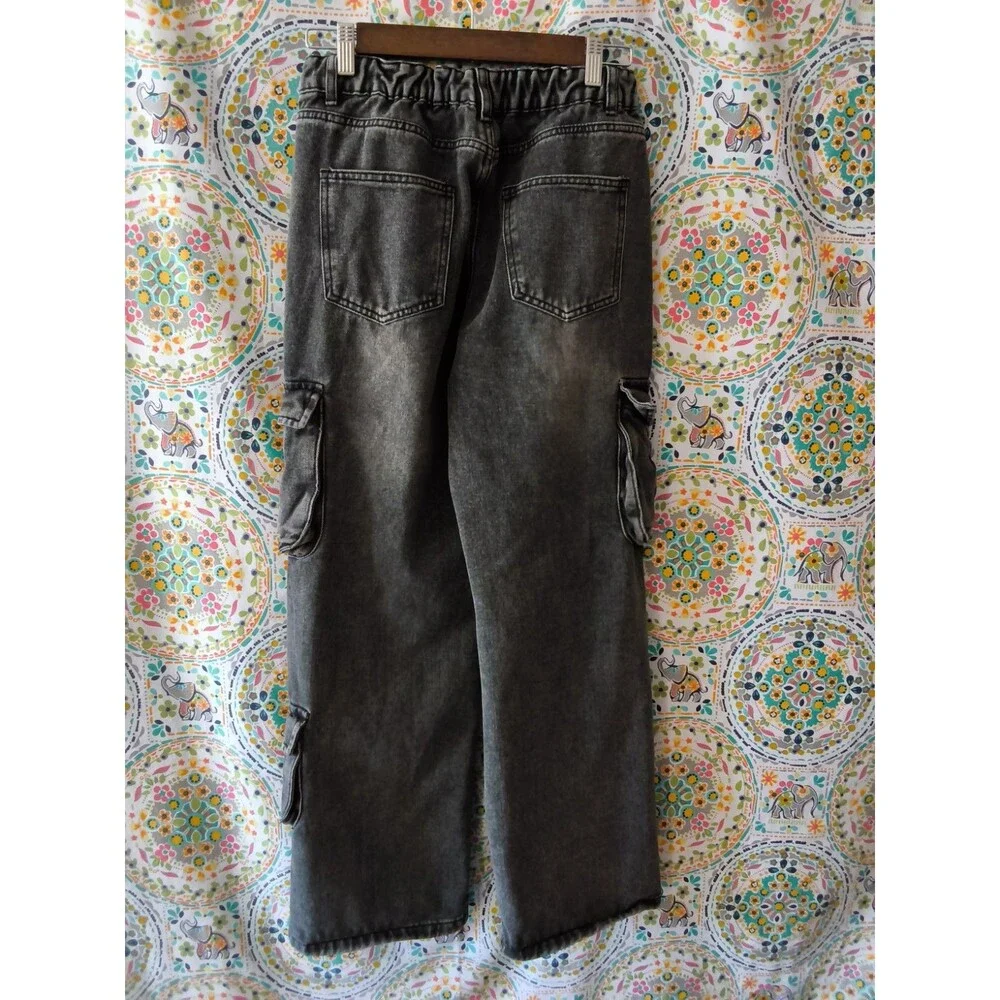 Justify Cargo Jeans Junior Girls Small Black Wide Leg Paper-Bag Waist Streetwear